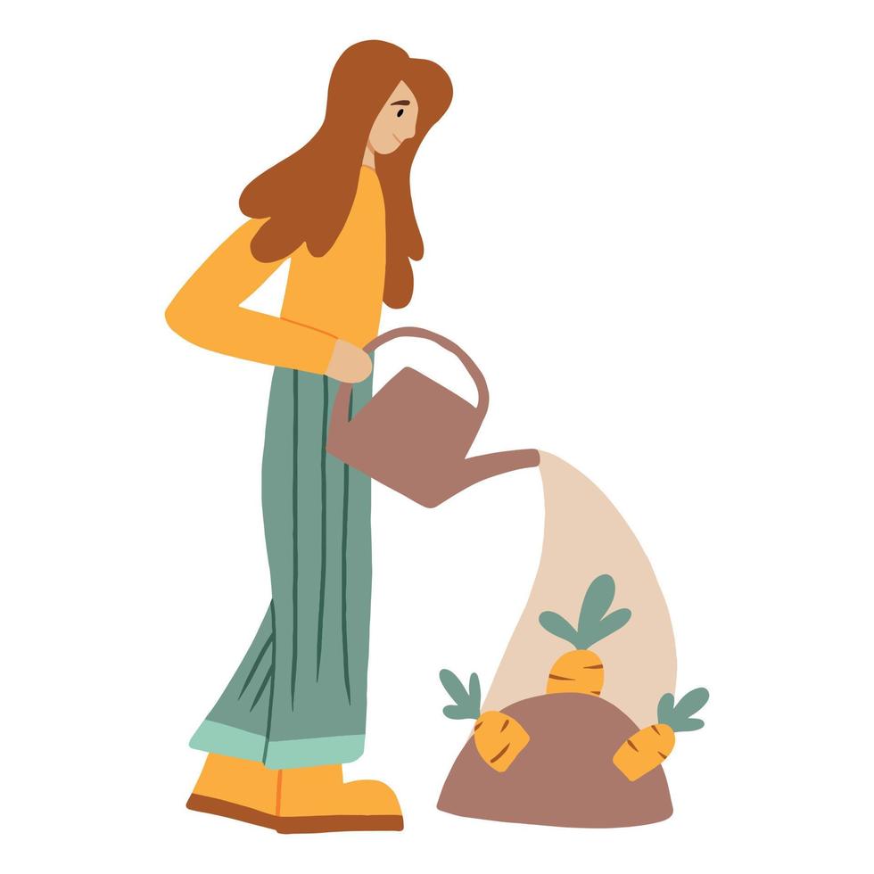 Vector illustration of a girl with a watering can in her hands. The girl waters the carrot. Gardening concept.