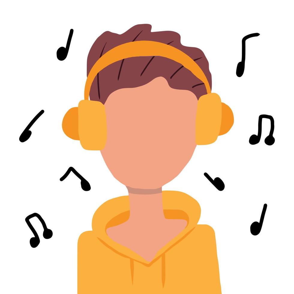 el chico escucha música con auriculares. sonidos de musica el hombre es un amante de la música. vector