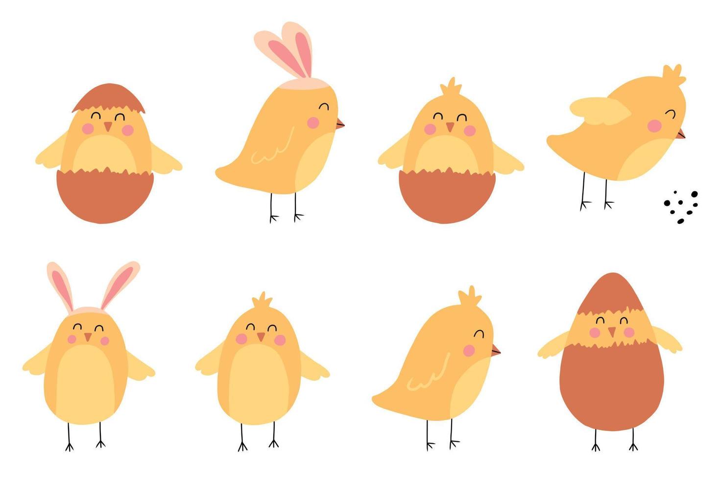 Vector set of cute chickens. Children's drawings of chickens. Chicken with rabbit ears. Easter chick.