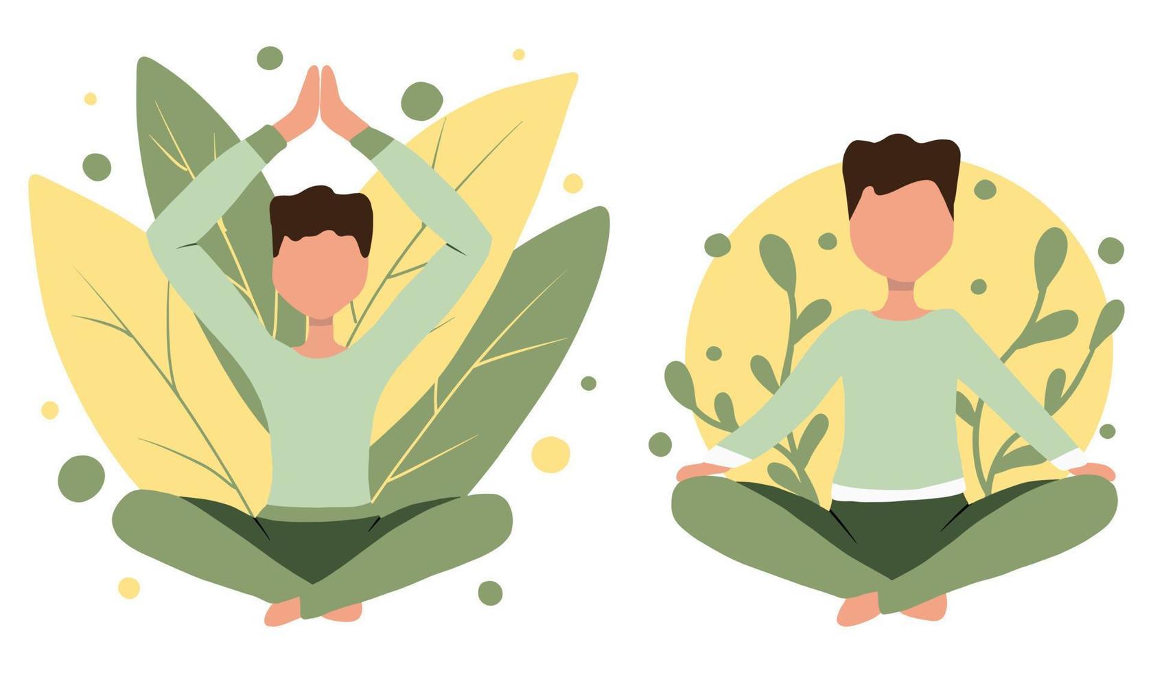 The man sits in the lotus position. I do yoga. Young man in yoga pose doing meditation, mindfulness practice, spiritual discipline at home. vector