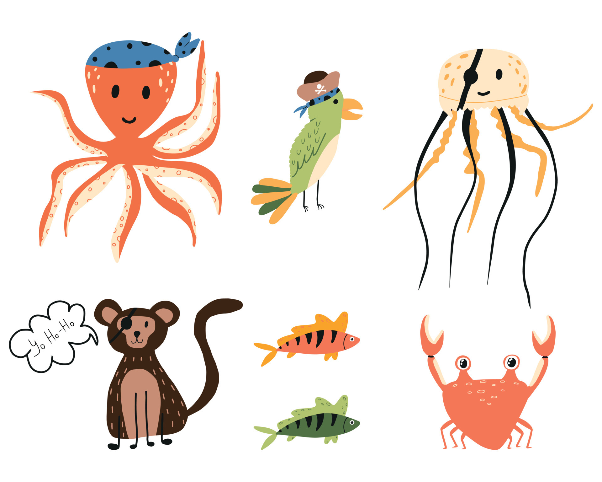 Vector set of childrens pirate animals. A set of pirate pets. Octopus, parrot, jellyfish, monkey in pirate costumes. 5456665 Vector Art at Vecteezy Vector set of childrens pirate animals. A set of pirate pets. Octopus, parrot, jellyfish, monkey in pirate costumes. 5456665 Vector Art at Vecteezy