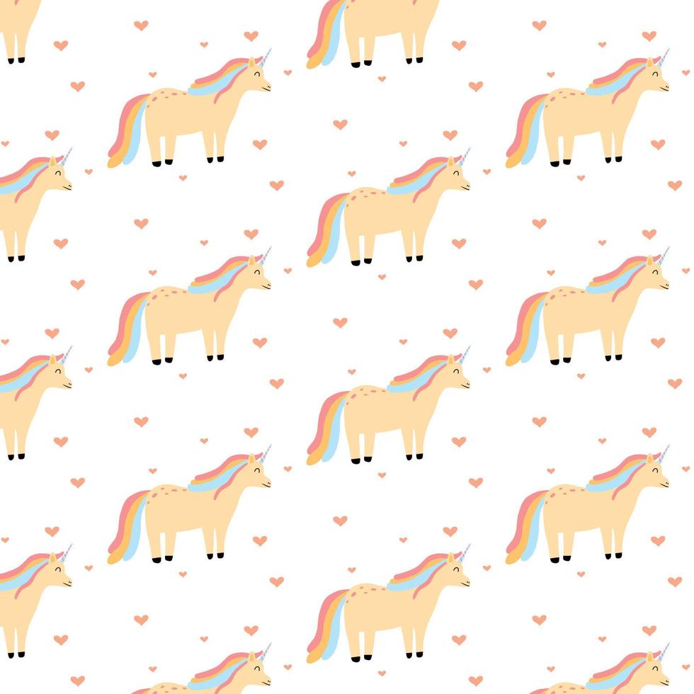 Vector pattern with unicorn and hearts. Childish pattern with a cute unicorn.