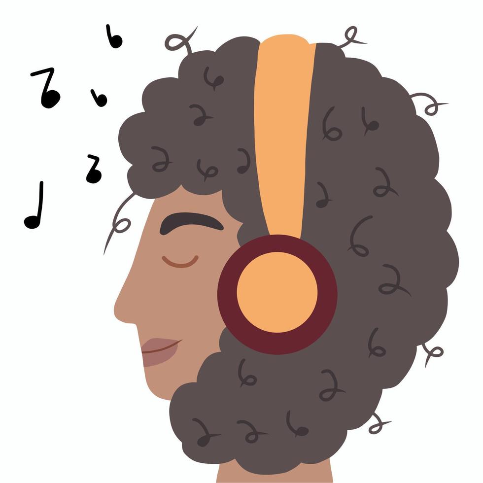 Vector illustration of an African American girl listening to music . Cute girl listens to music with headphones
