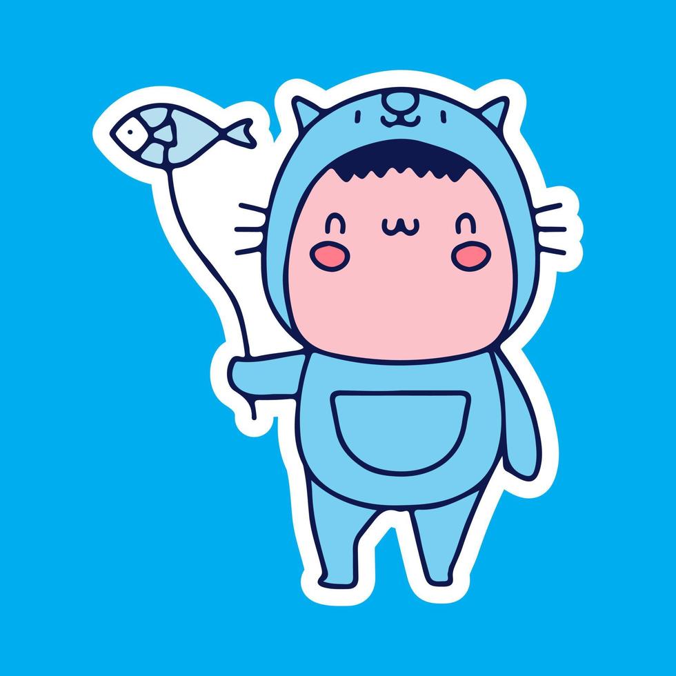 un niño lindo usa un disfraz de gato y sostiene un garabato de dibujos animados con globos de pescado. ilustración para camisetas, afiches, logotipos, pegatinas o prendas de vestir. vector