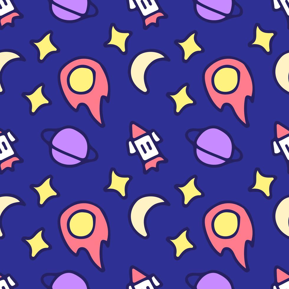 Cute meteor, planet, stars, moon, and rocket doodle. Background illustration for seamless pattern, poster, or apparel merchandise. vector