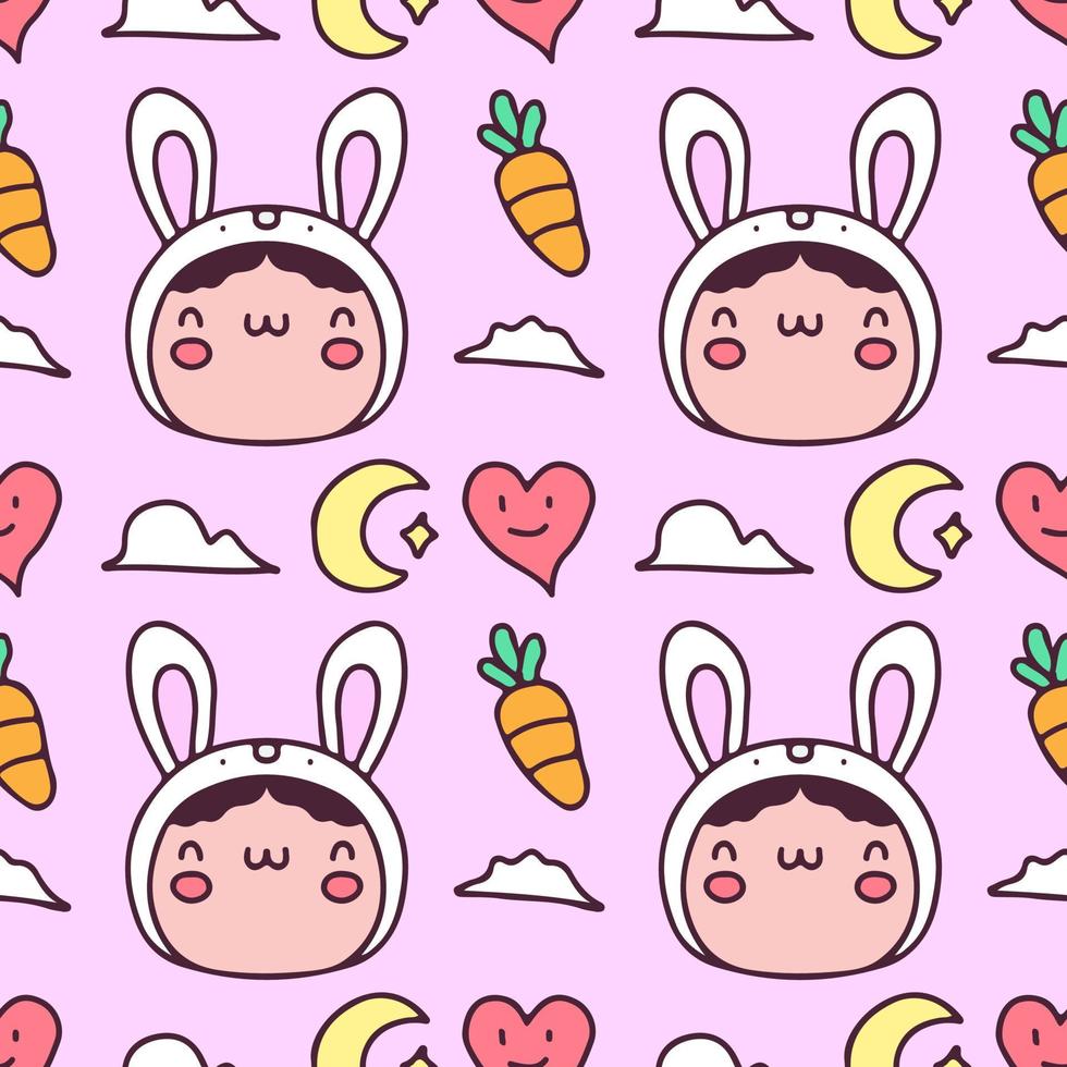 Funny kid in bunny hat, carrot and love cartoon doodle. Background illustration for seamless pattern, poster, or apparel merchandise. vector