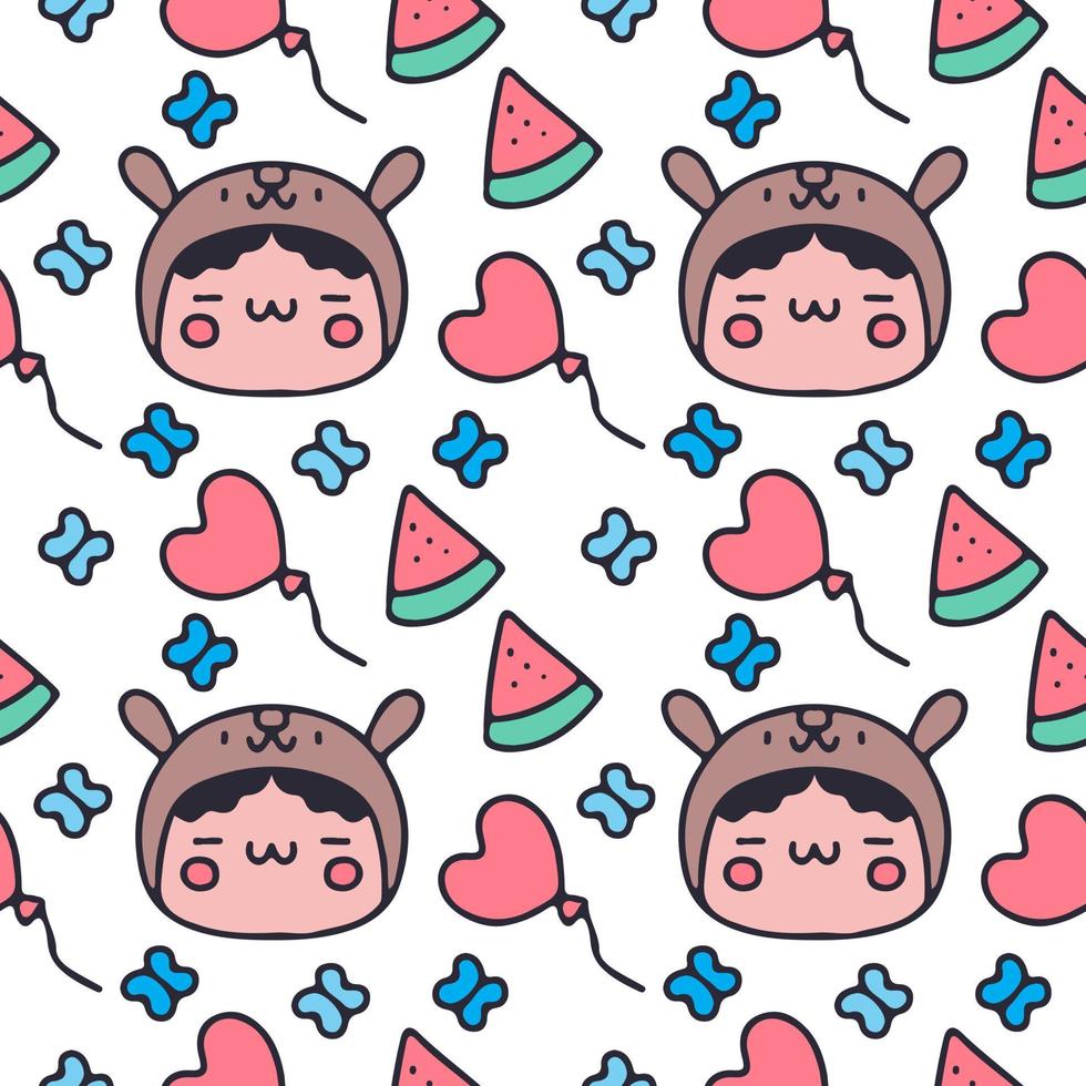 Cute kid in animal hat, watermelon, and love cartoon doodle. Background illustration for seamless pattern, poster, or apparel merchandise. vector