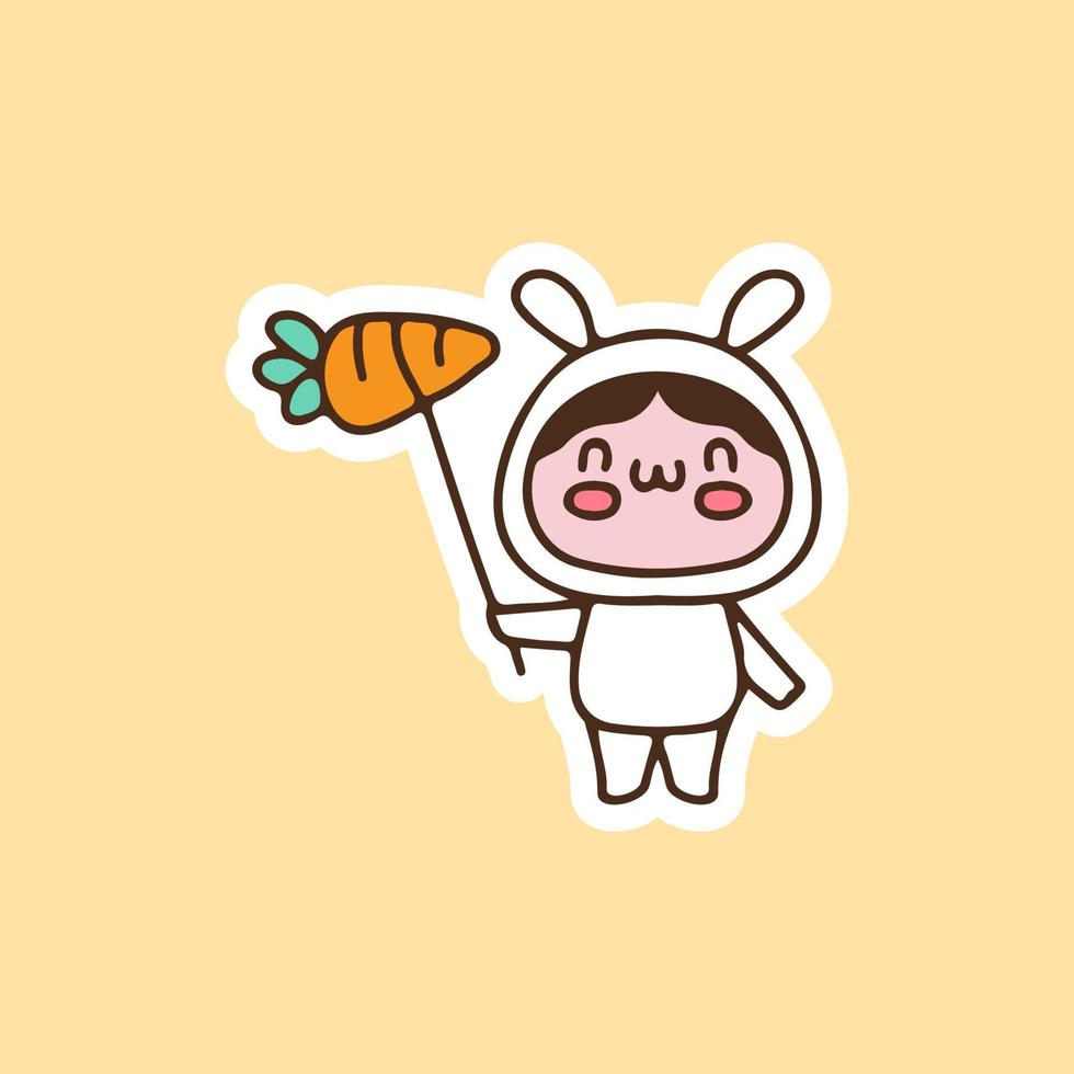 Cute kid in bunny costume holding carrot balloon cartoon doodle. illustration for t shirt, poster, logo, sticker, or apparel merchandise. vector