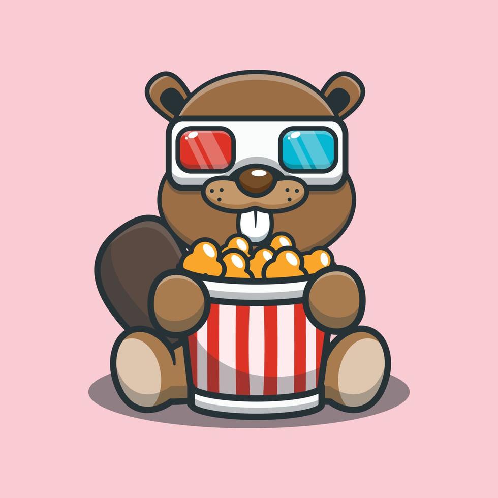 linda ilustración de dibujos animados de la mascota del castor comiendo palomitas de maíz y viendo una película en 3d vector