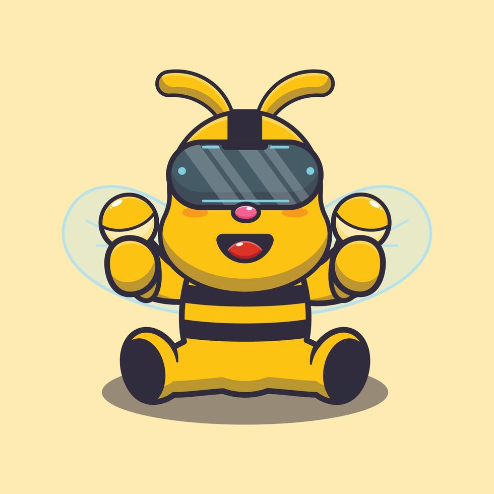 Cute bee mascot cartoon illustration playing virtual reality vector