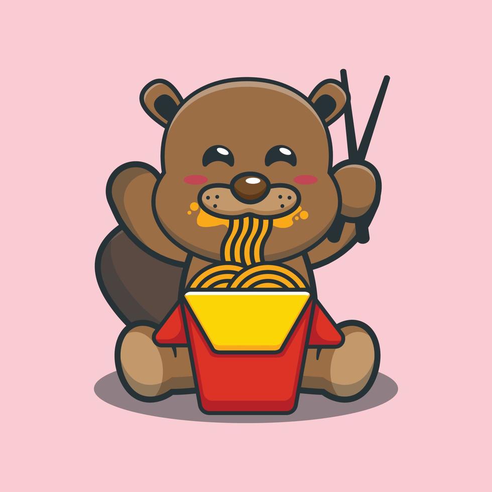 Cute beaver mascot cartoon illustration eating noodle vector