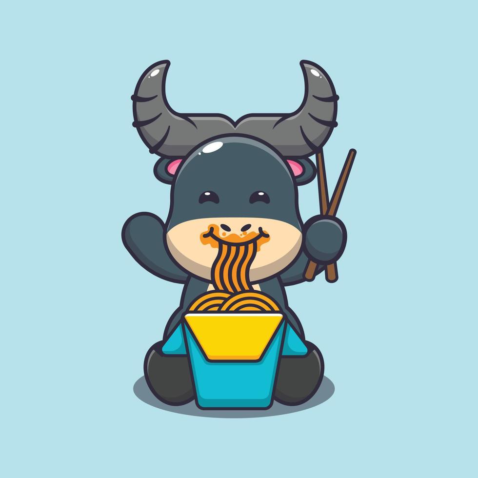 Cute buffalo mascot cartoon illustration eating noodle vector