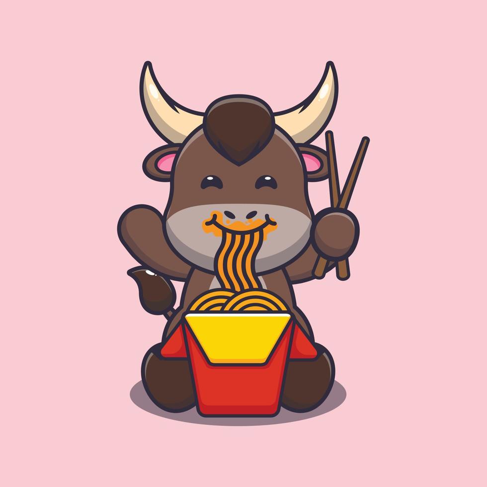 ilustración de dibujos animados de mascota de toro lindo comiendo fideos vector