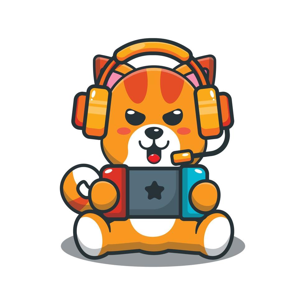 Cute cat mascot cartoon illustration playing game vector