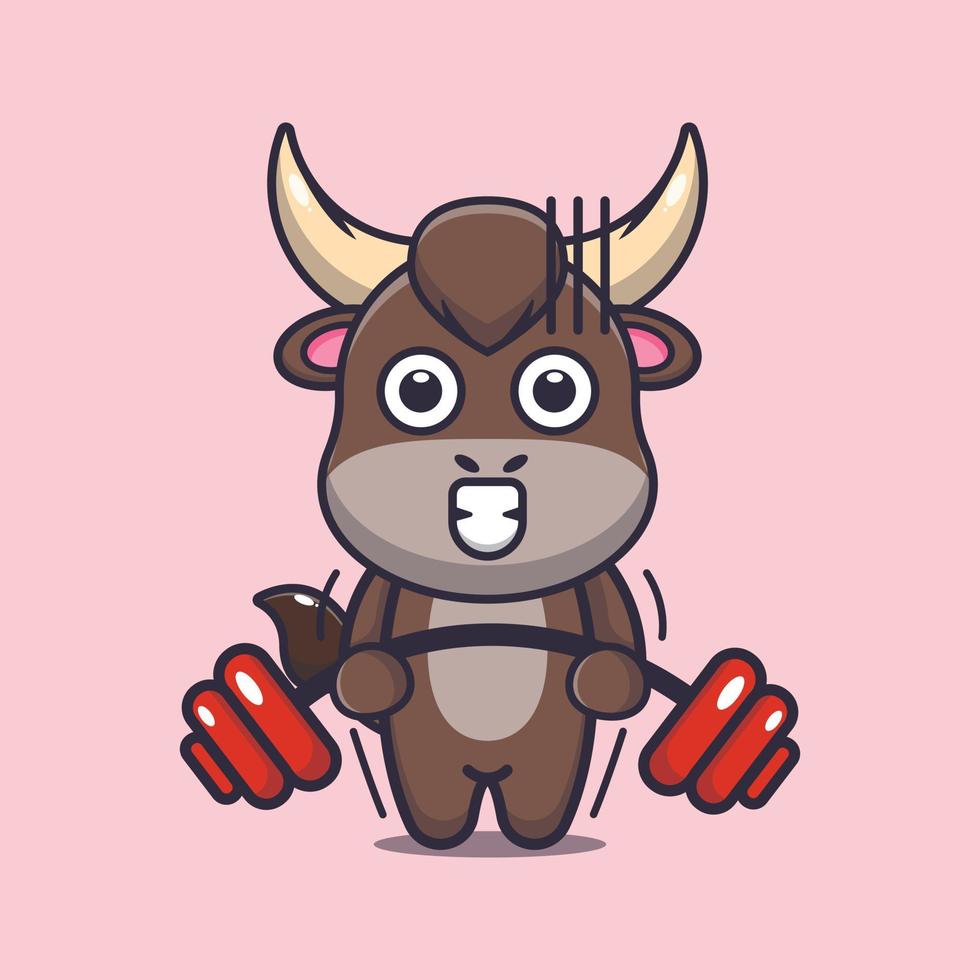 Cute bull mascot cartoon illustration lifting barbell vector