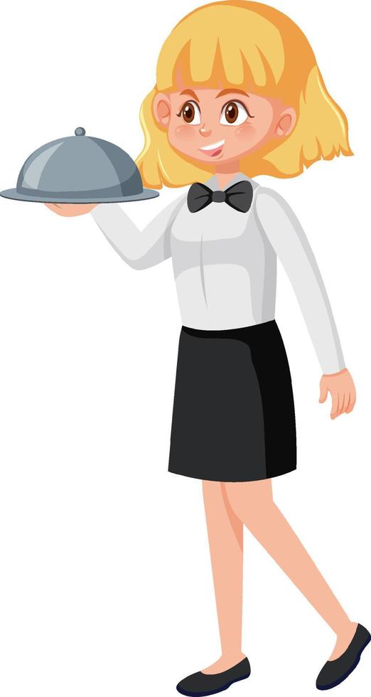 A young waitress serving food white background vector