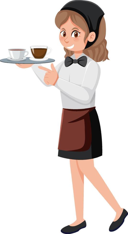 Young female waitress cartoon character on white background vector