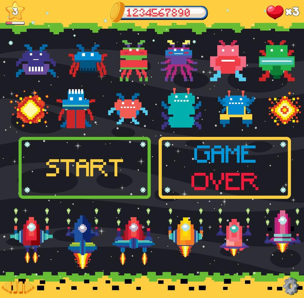 Retro pixel space game interface vector