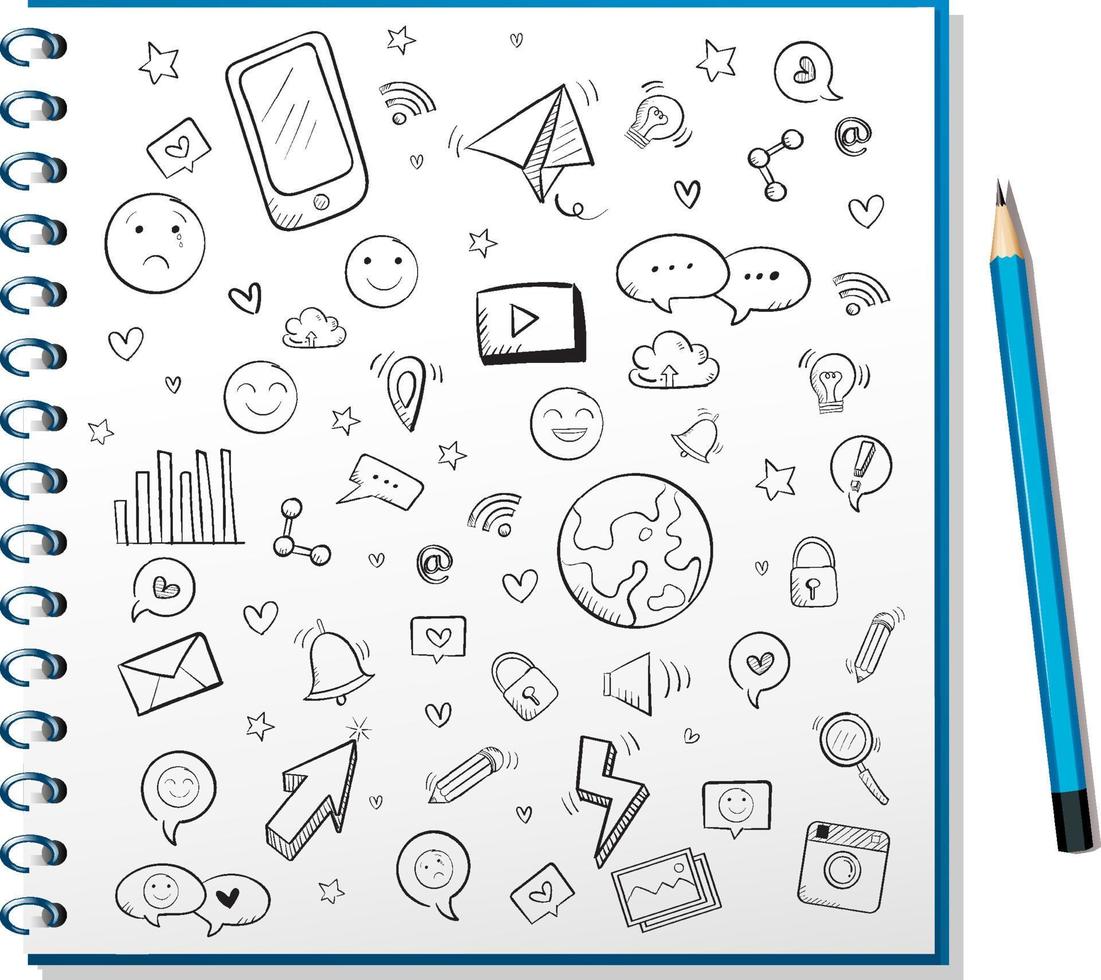 Hand drawn doodle icons on notebook vector