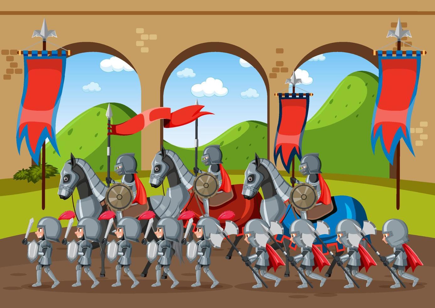 Scene with medieval knights with horses marching vector