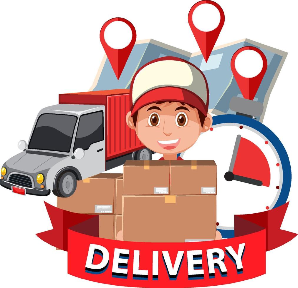 Delivery banner with courier holding boxes vector