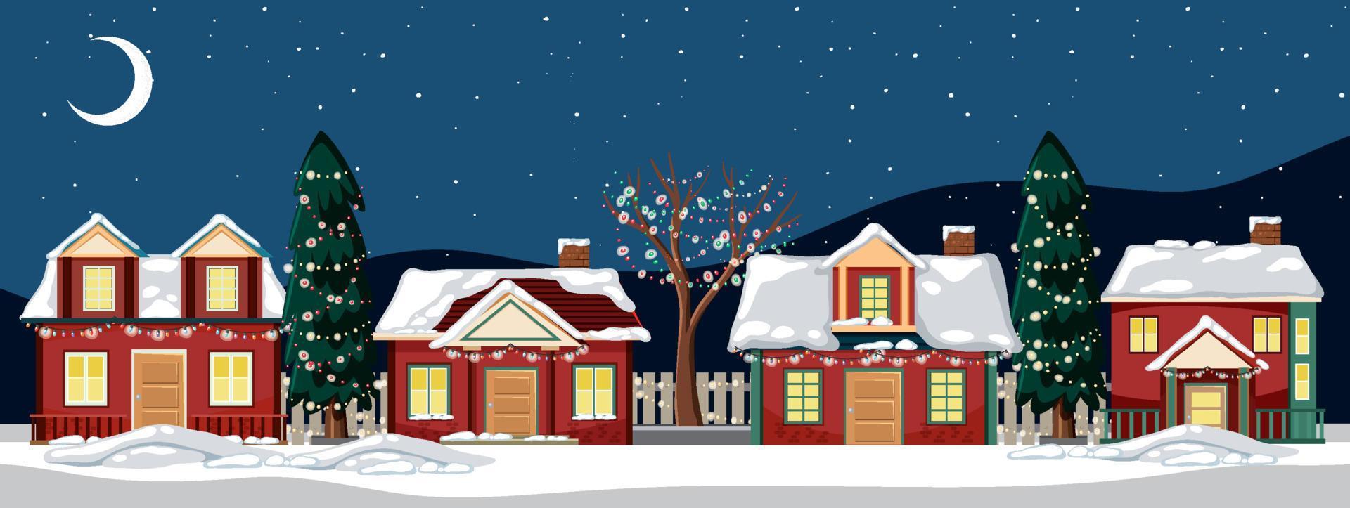 Winter snowy night cozy village panorama vector