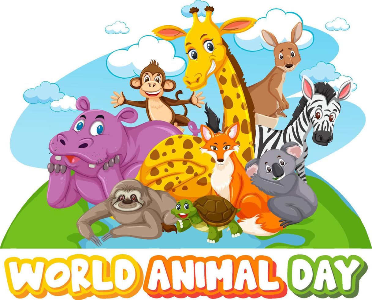 banner del día mundial de los animales con animales salvajes en estilo de dibujos animados vector