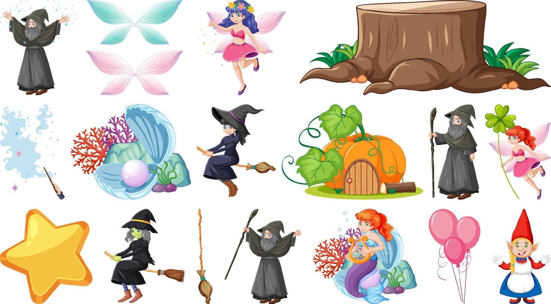 Set of fantasy fairy tale characters and elements vector