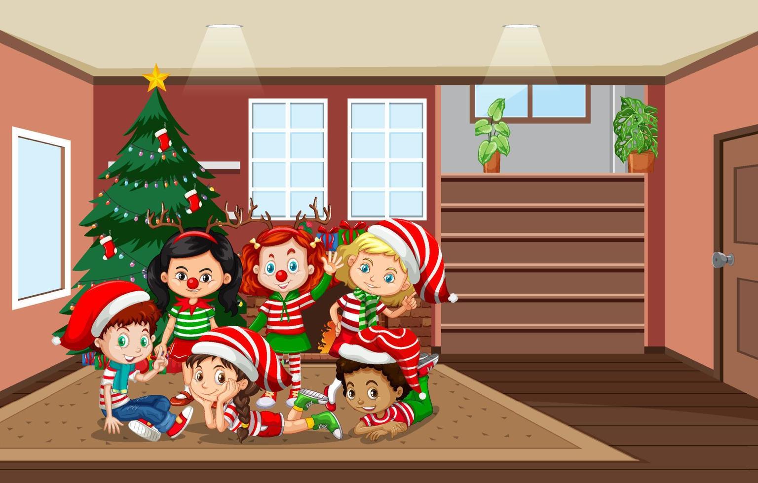 Room scene with children celebrating Christmas vector