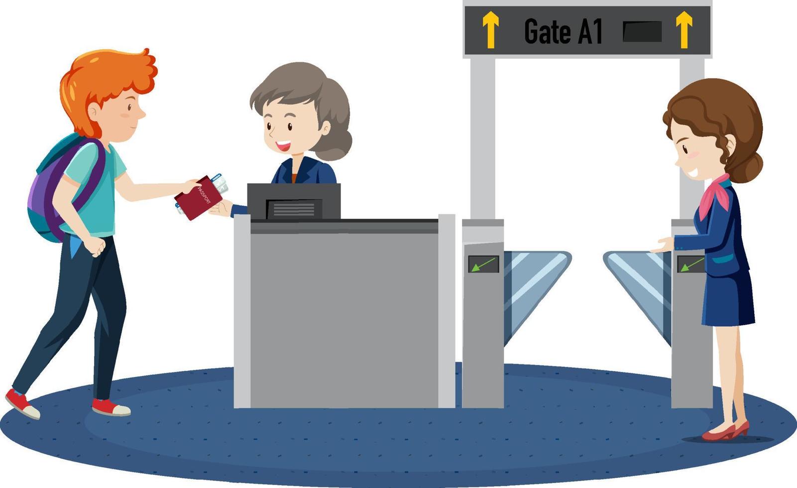 Passenger walking to boarding gate entrance with service staffs vector