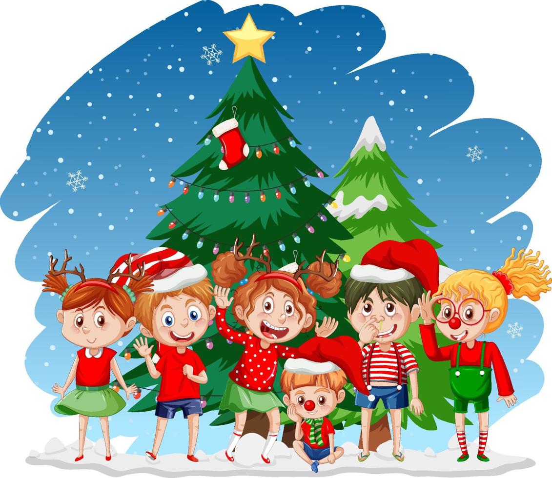 Christmas day with happy children and Christmas tree vector