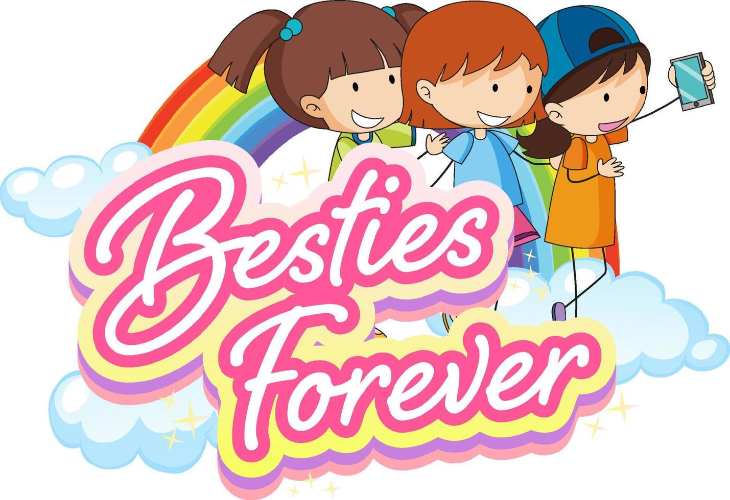 Bestie forever logo with three girls cartoon character vector