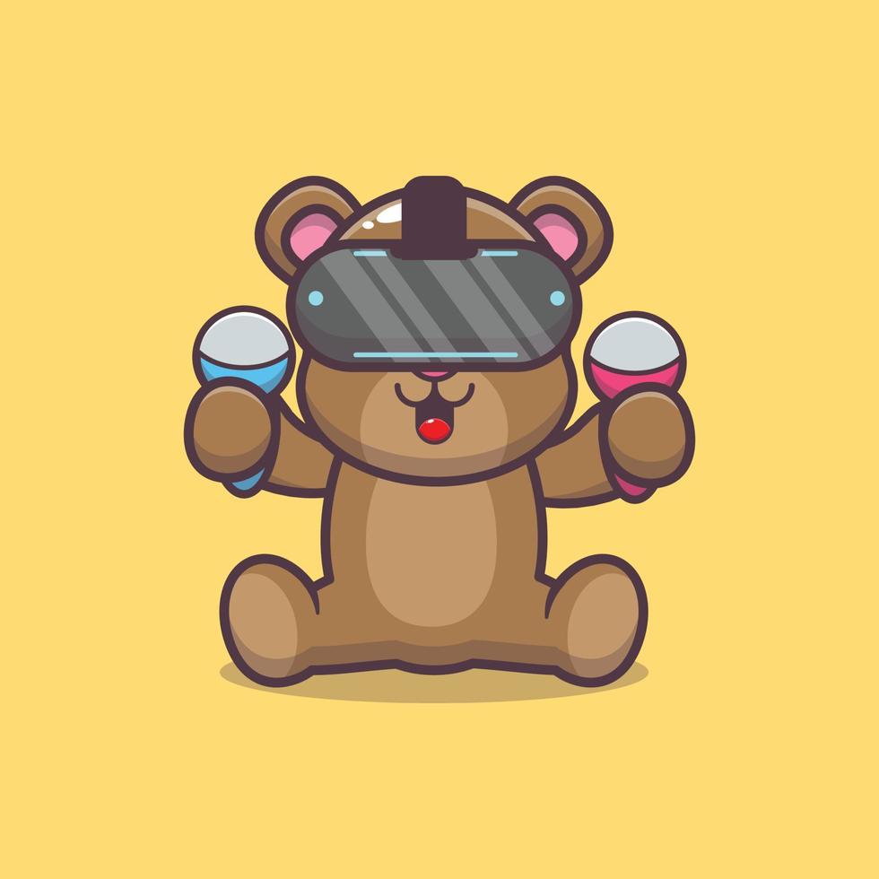 Cute bear mascot cartoon illustration playing virtual reality vector