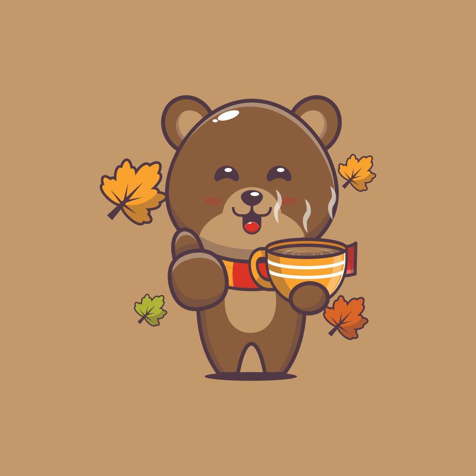 cute bear mascot cartoon illustration in autumn. vector