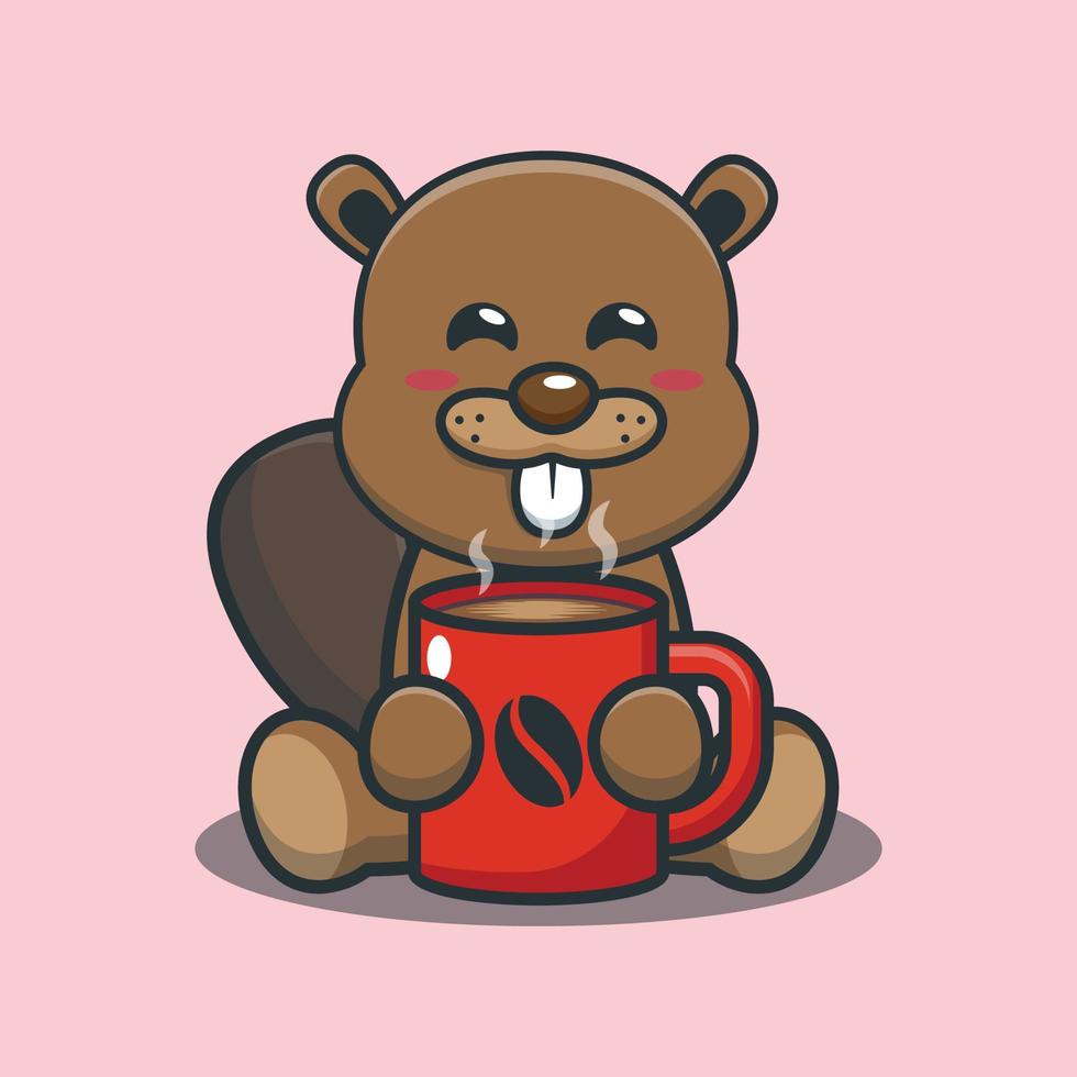 linda ilustración de dibujos animados de la mascota del castor con café caliente vector