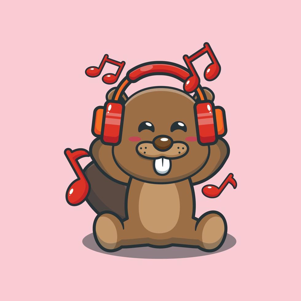 Cute beaver mascot cartoon illustration listening music