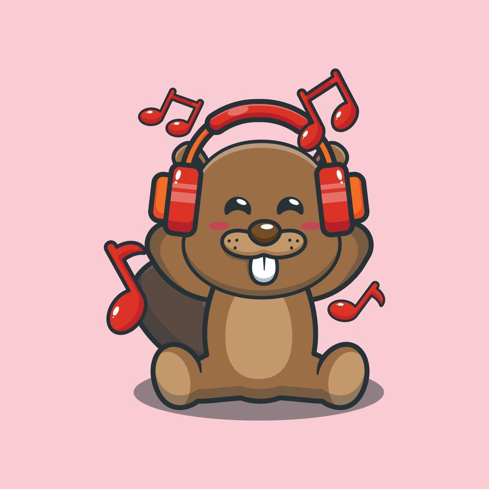 Cute beaver mascot cartoon illustration listening music with headphone vector