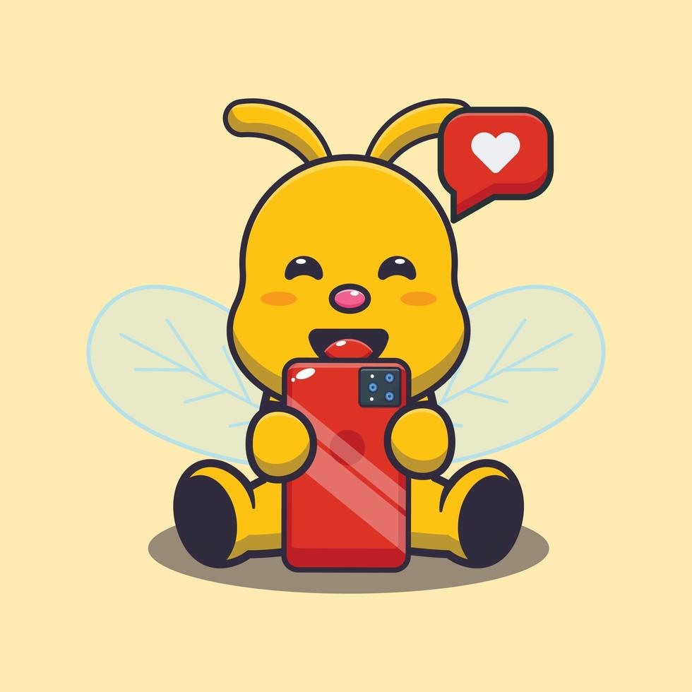 Cute bee mascot cartoon illustration with phone vector