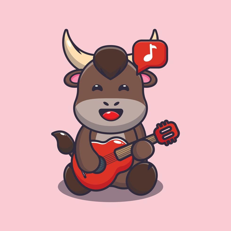 Cute bull mascot cartoon illustration playing guitar vector