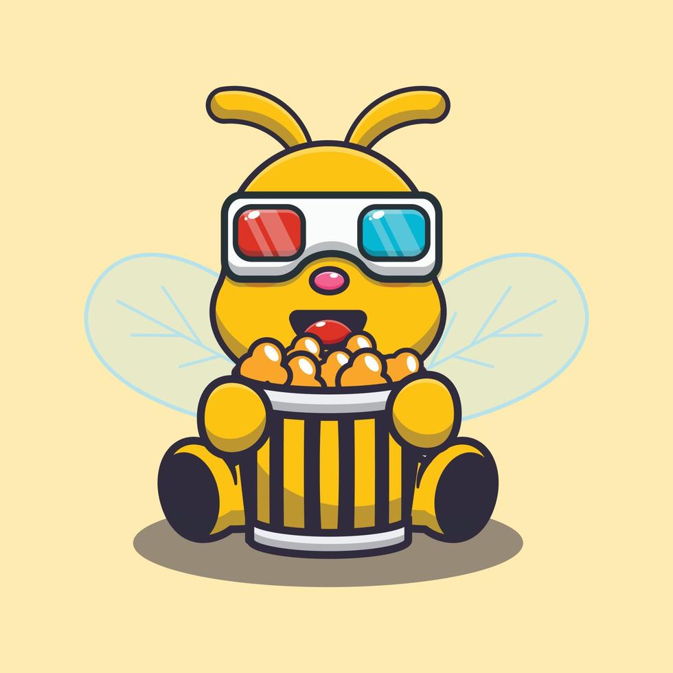 Cute bee mascot cartoon illustration eating popcorn and watch 3d movie vector