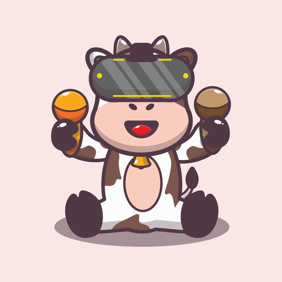Cute cow mascot cartoon illustration playing virtual reality vector