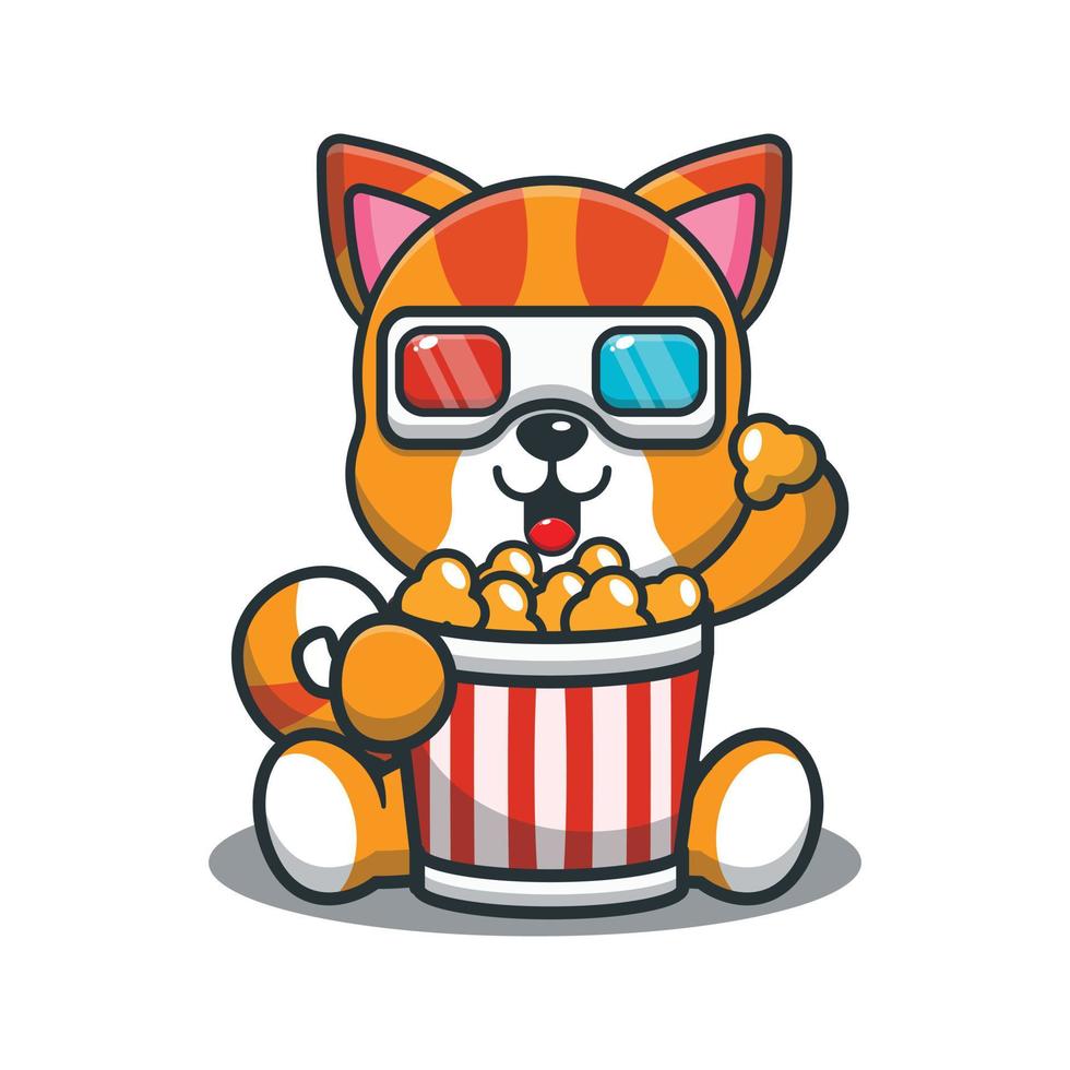 ilustración de dibujos animados de mascota de gato lindo comiendo palomitas de maíz y viendo una película en 3d vector