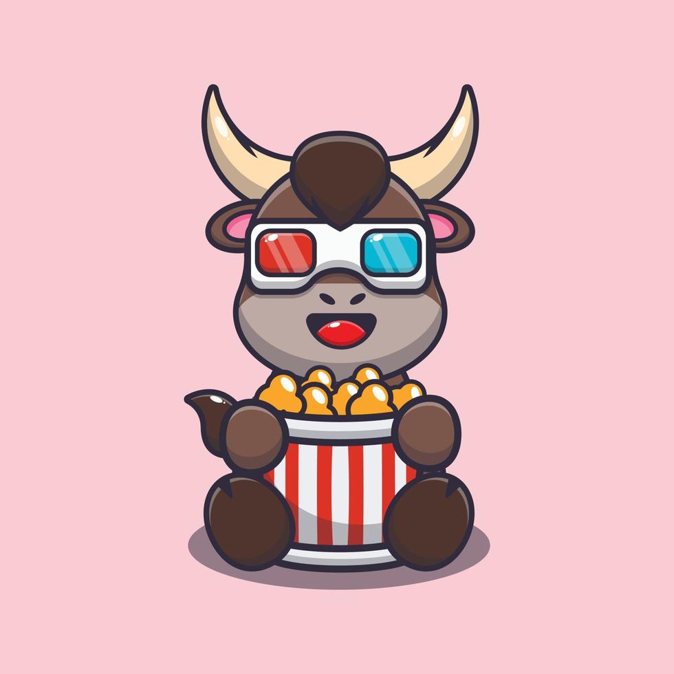 linda ilustración de dibujos animados de mascota de toro comiendo palomitas de maíz y viendo una película en 3d vector