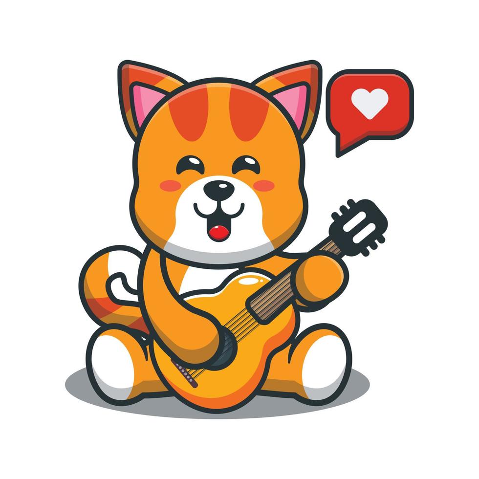 Cute cat mascot cartoon illustration playing guitar vector