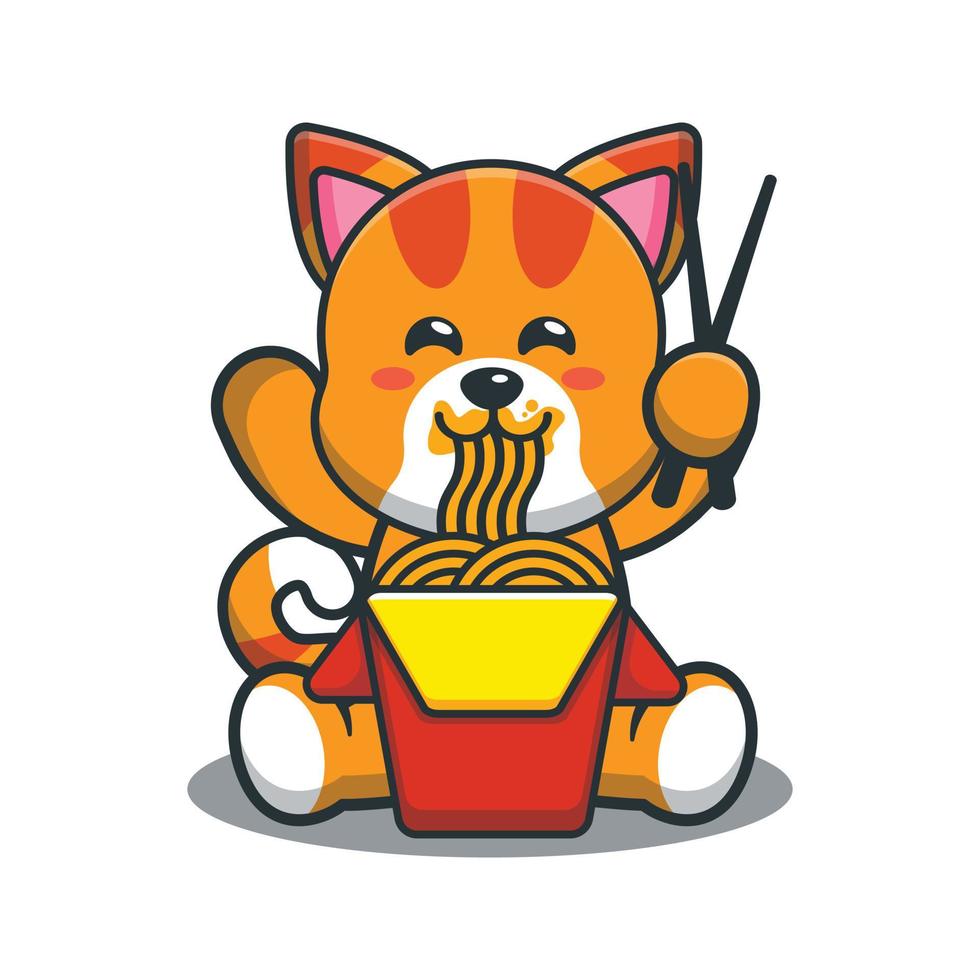 Cute cat mascot cartoon illustration eating noodle vector