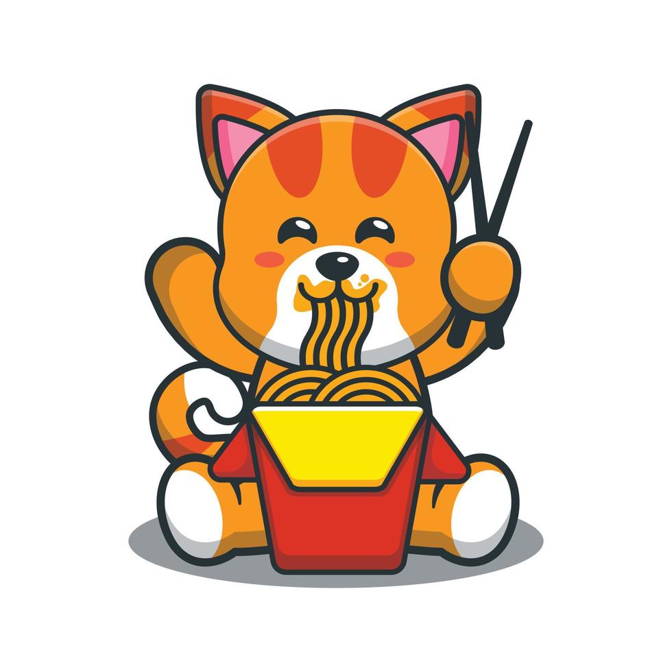 ilustración de dibujos animados de mascota de gato lindo comiendo fideos vector