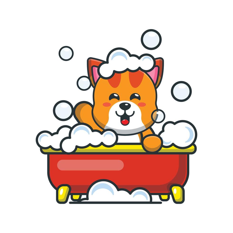 Cute cat mascot cartoon illustration taking bubble bath in bathtub vector