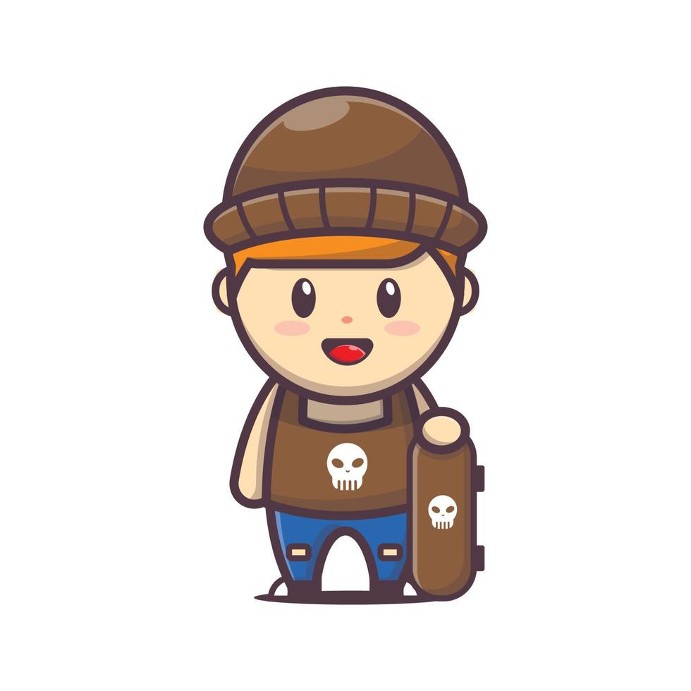 cool boy cartoon mascot illustration with skateboard vector