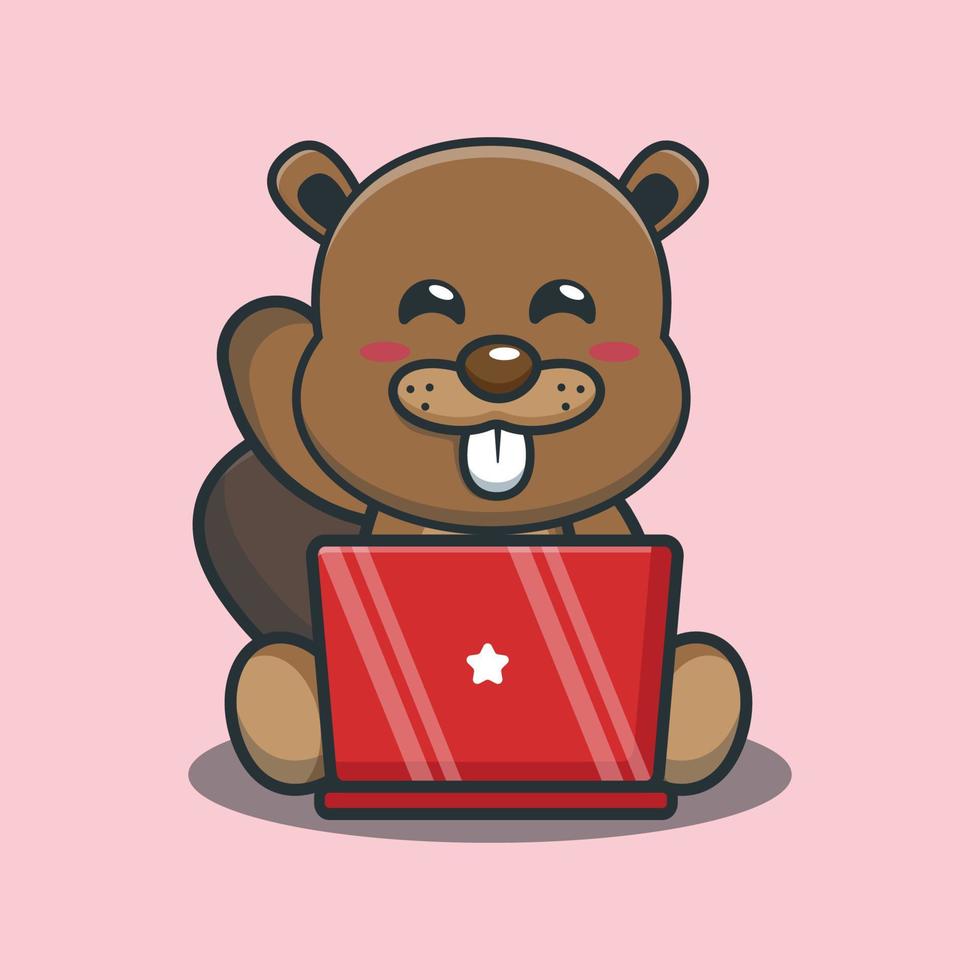 lindo, castor, mascota, caricatura, ilustración, con, computador portatil vector