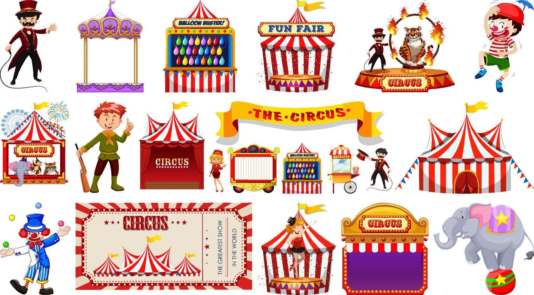 conjunto de personajes de circo y elementos del parque de atracciones. vector